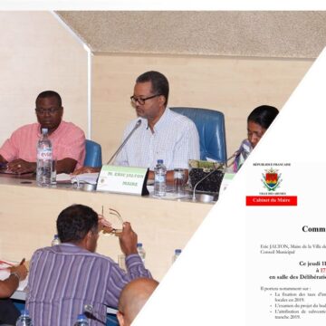 Éric Jalton en conseil municipal en 2019 à la mairie de Abymes. Photomontage avec le communiqué d’invitation à assister à l’assemblée. Éric Jalton en conseil municipal en 2019 à la mairie de Abymes. Photomontage avec le communiqué d’invitation à assister à l’assemblée.